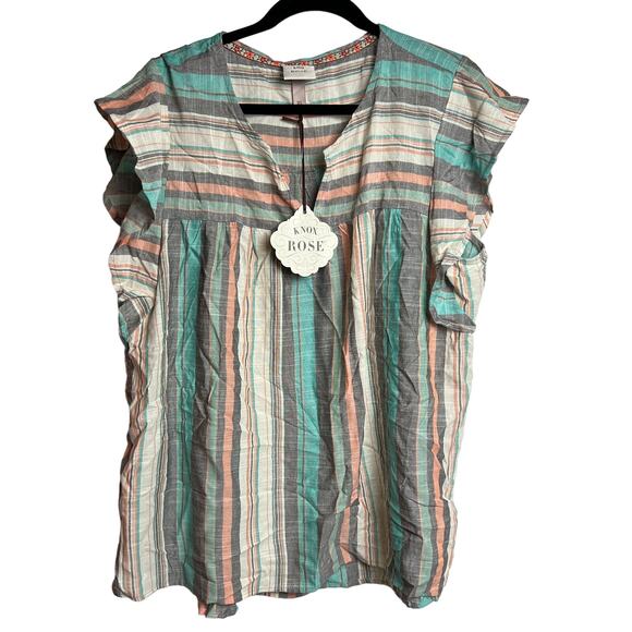 Knox Rose Women's Teal Green Striped Flutter Short Sleeve Top - Size XS - NWT - Picture 1 of 7
